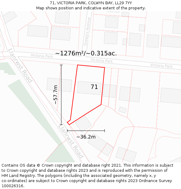 71, VICTORIA PARK, COLWYN BAY, LL29 7YY: Plot and title map