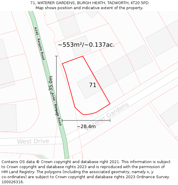 71, WATERER GARDENS, BURGH HEATH, TADWORTH, KT20 5PD: Plot and title map