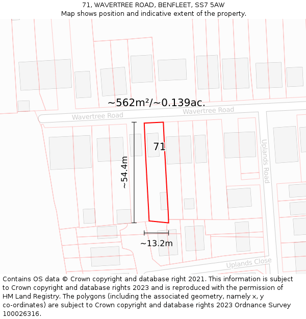 71, WAVERTREE ROAD, BENFLEET, SS7 5AW: Plot and title map