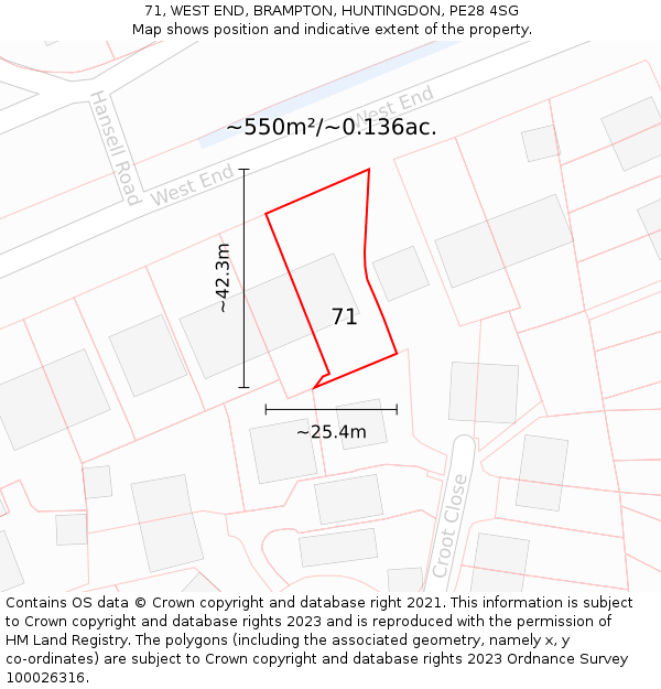 71, WEST END, BRAMPTON, HUNTINGDON, PE28 4SG: Plot and title map