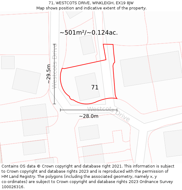 71, WESTCOTS DRIVE, WINKLEIGH, EX19 8JW: Plot and title map