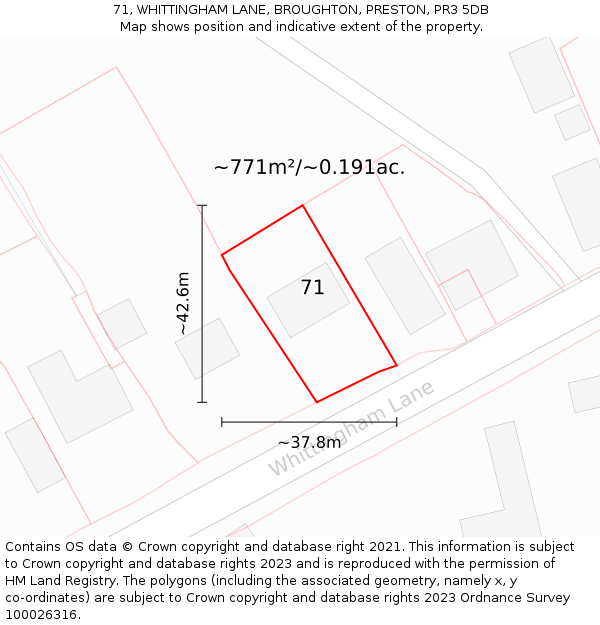 71, WHITTINGHAM LANE, BROUGHTON, PRESTON, PR3 5DB: Plot and title map