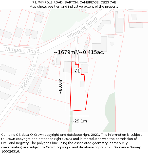71, WIMPOLE ROAD, BARTON, CAMBRIDGE, CB23 7AB: Plot and title map
