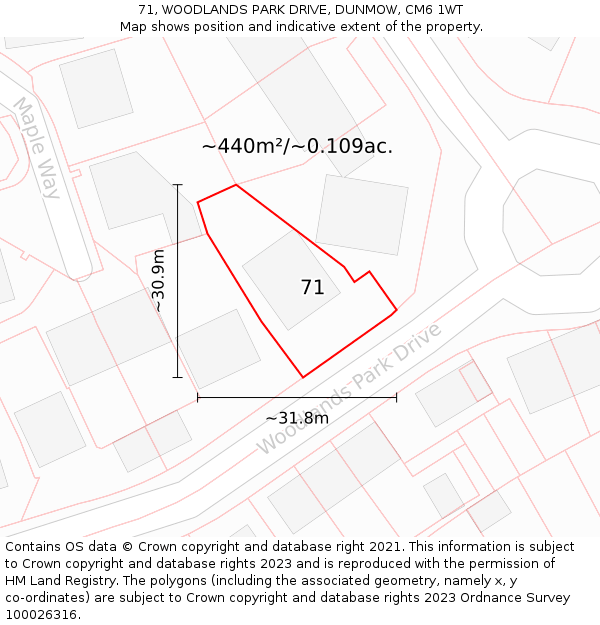 71, WOODLANDS PARK DRIVE, DUNMOW, CM6 1WT: Plot and title map