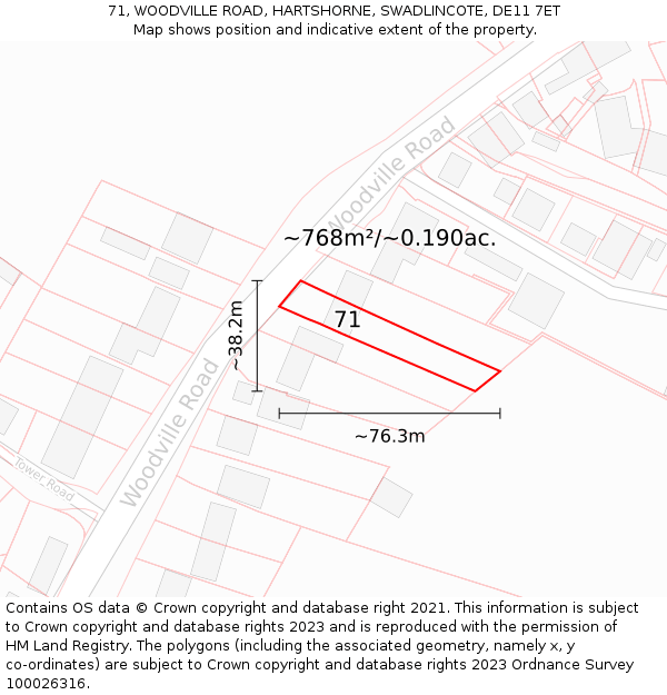 71, WOODVILLE ROAD, HARTSHORNE, SWADLINCOTE, DE11 7ET: Plot and title map