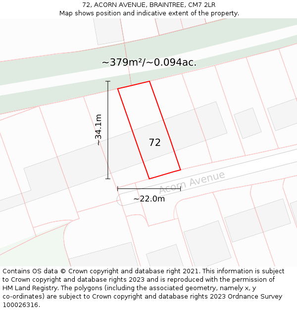 72, ACORN AVENUE, BRAINTREE, CM7 2LR: Plot and title map