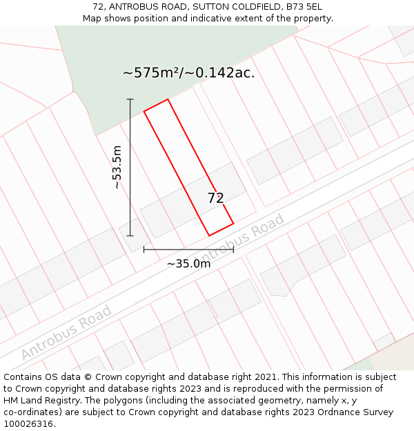 72, ANTROBUS ROAD, SUTTON COLDFIELD, B73 5EL: Plot and title map