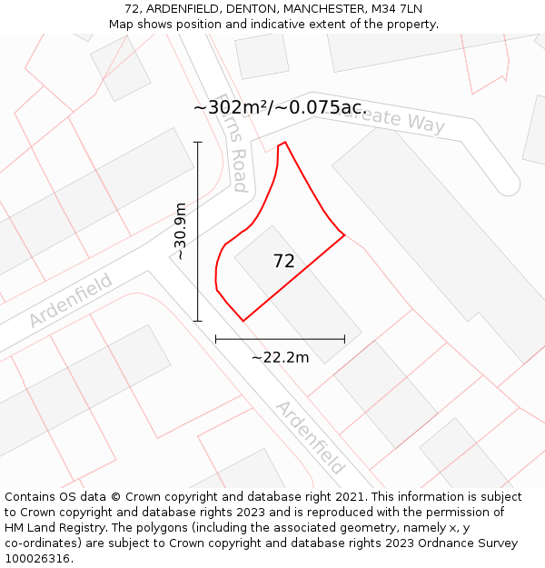 72, ARDENFIELD, DENTON, MANCHESTER, M34 7LN: Plot and title map