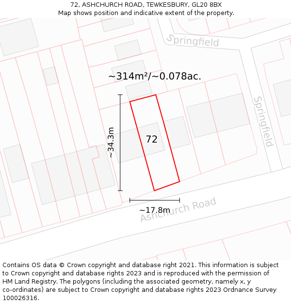 72, ASHCHURCH ROAD, TEWKESBURY, GL20 8BX: Plot and title map