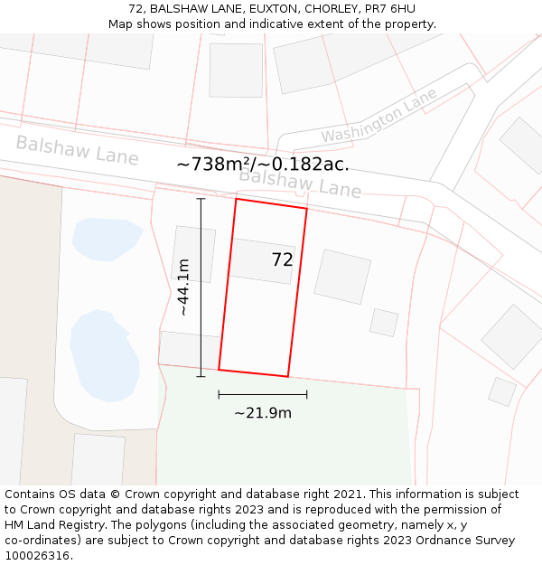 72, BALSHAW LANE, EUXTON, CHORLEY, PR7 6HU: Plot and title map