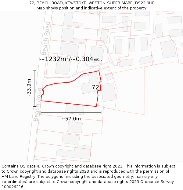 72, BEACH ROAD, KEWSTOKE, WESTON-SUPER-MARE, BS22 9UP: Plot and title map