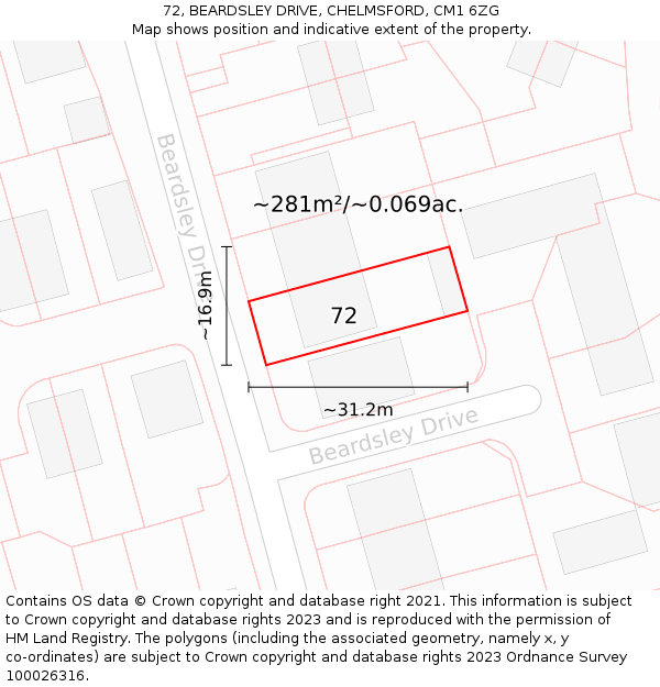 72, BEARDSLEY DRIVE, CHELMSFORD, CM1 6ZG: Plot and title map