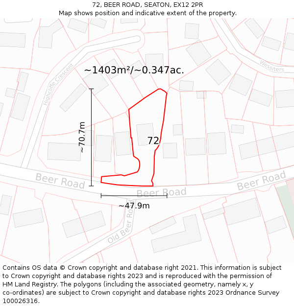 72, BEER ROAD, SEATON, EX12 2PR: Plot and title map