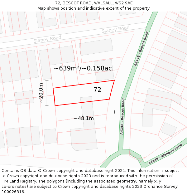 72, BESCOT ROAD, WALSALL, WS2 9AE: Plot and title map