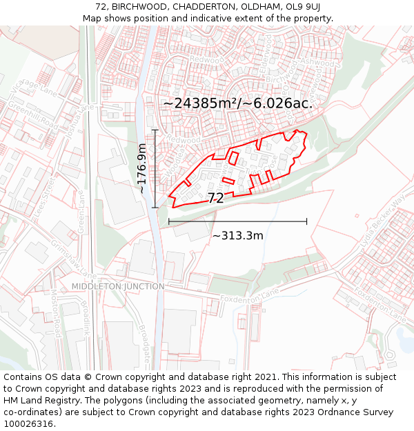72, BIRCHWOOD, CHADDERTON, OLDHAM, OL9 9UJ: Plot and title map