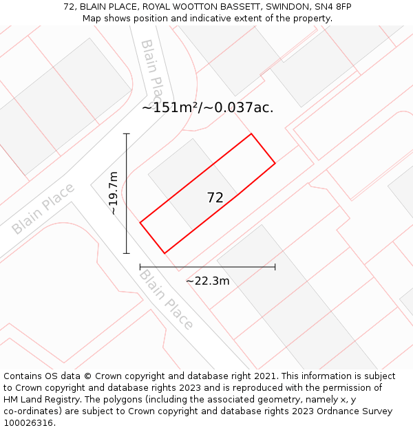 72, BLAIN PLACE, ROYAL WOOTTON BASSETT, SWINDON, SN4 8FP: Plot and title map