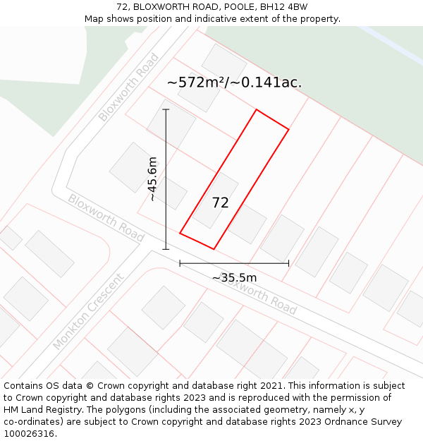 72, BLOXWORTH ROAD, POOLE, BH12 4BW: Plot and title map