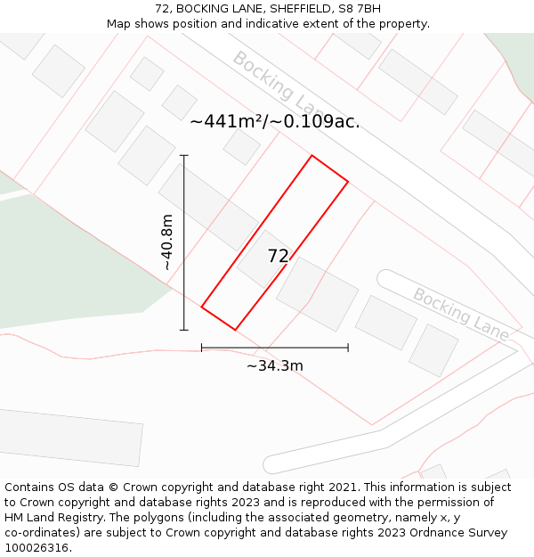 72, BOCKING LANE, SHEFFIELD, S8 7BH: Plot and title map