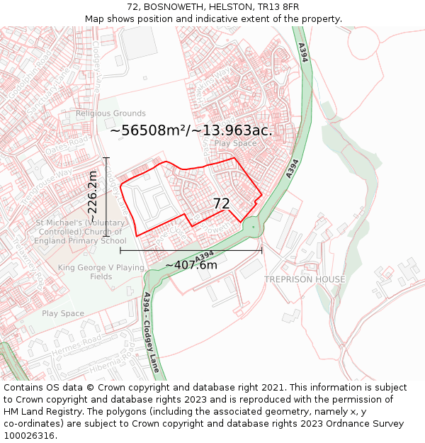 72, BOSNOWETH, HELSTON, TR13 8FR: Plot and title map