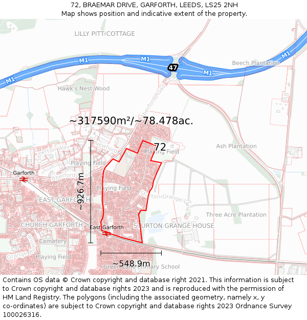 72, BRAEMAR DRIVE, GARFORTH, LEEDS, LS25 2NH: Plot and title map