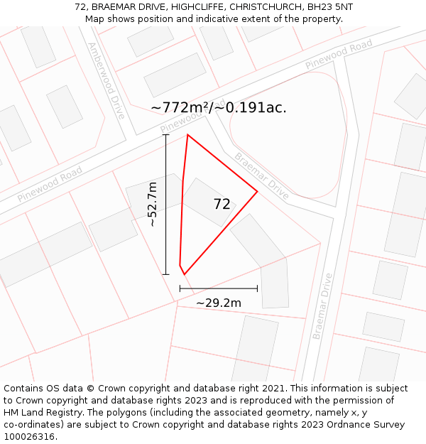 72, BRAEMAR DRIVE, HIGHCLIFFE, CHRISTCHURCH, BH23 5NT: Plot and title map
