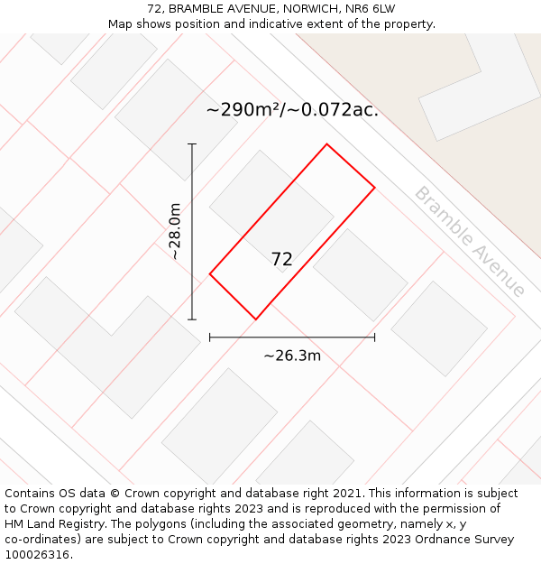 72, BRAMBLE AVENUE, NORWICH, NR6 6LW: Plot and title map