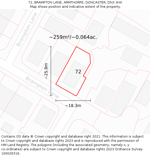 72, BRAMPTON LANE, ARMTHORPE, DONCASTER, DN3 3HX: Plot and title map