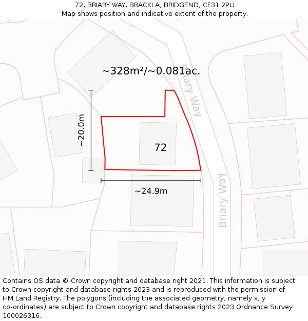 72, BRIARY WAY, BRACKLA, BRIDGEND, CF31 2PU: Plot and title map
