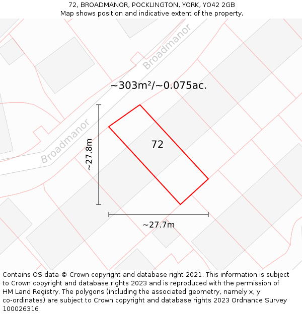 72, BROADMANOR, POCKLINGTON, YORK, YO42 2GB: Plot and title map