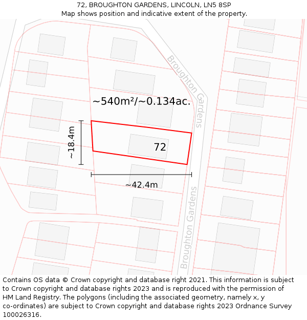 72, BROUGHTON GARDENS, LINCOLN, LN5 8SP: Plot and title map