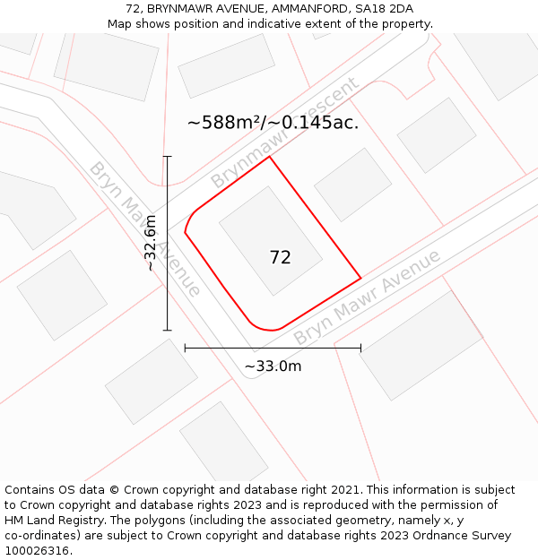 72, BRYNMAWR AVENUE, AMMANFORD, SA18 2DA: Plot and title map