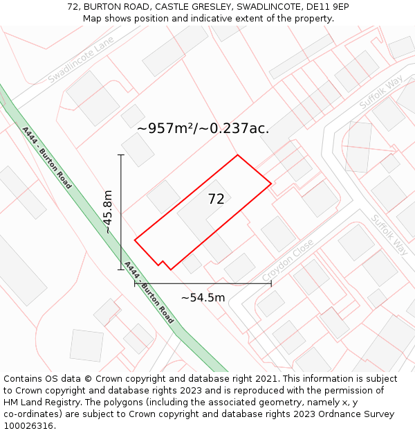 72, BURTON ROAD, CASTLE GRESLEY, SWADLINCOTE, DE11 9EP: Plot and title map