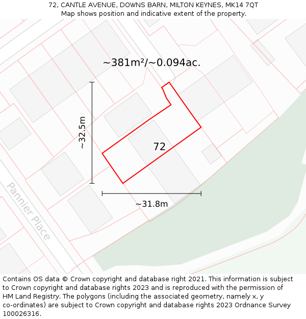 72, CANTLE AVENUE, DOWNS BARN, MILTON KEYNES, MK14 7QT: Plot and title map