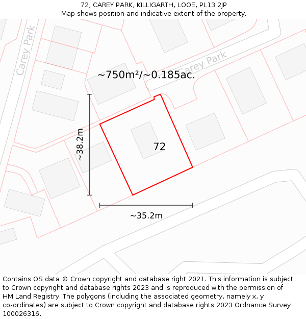 72, CAREY PARK, KILLIGARTH, LOOE, PL13 2JP: Plot and title map