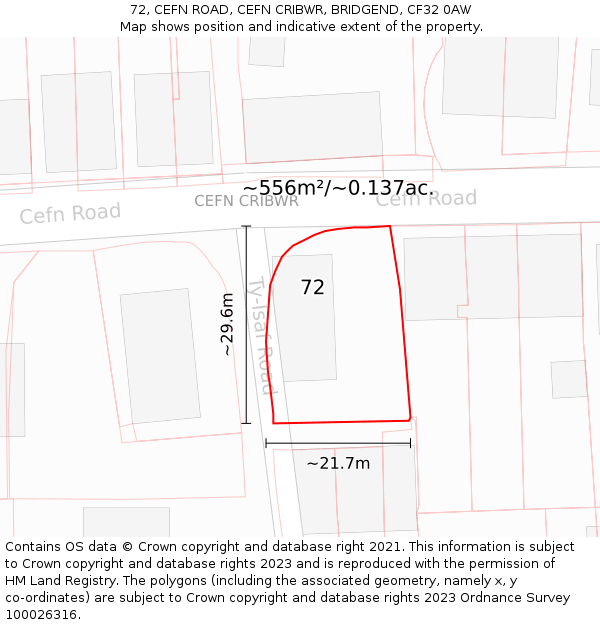 72, CEFN ROAD, CEFN CRIBWR, BRIDGEND, CF32 0AW: Plot and title map