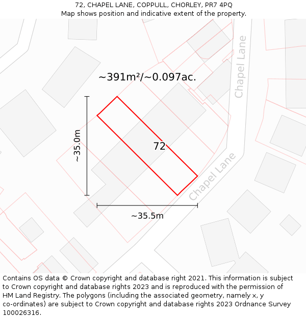 72, CHAPEL LANE, COPPULL, CHORLEY, PR7 4PQ: Plot and title map