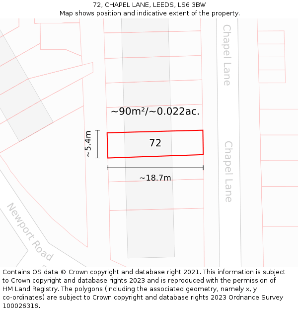 72, CHAPEL LANE, LEEDS, LS6 3BW: Plot and title map