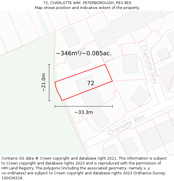 72, CHARLOTTE WAY, PETERBOROUGH, PE3 9ES: Plot and title map