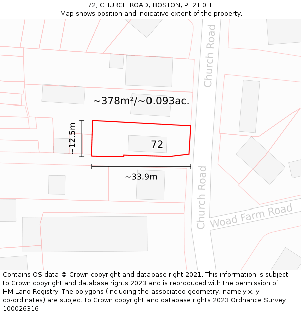 72, CHURCH ROAD, BOSTON, PE21 0LH: Plot and title map