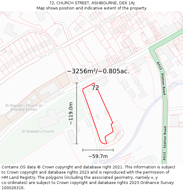 72, CHURCH STREET, ASHBOURNE, DE6 1AJ: Plot and title map