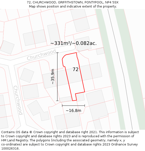 72, CHURCHWOOD, GRIFFITHSTOWN, PONTYPOOL, NP4 5SX: Plot and title map