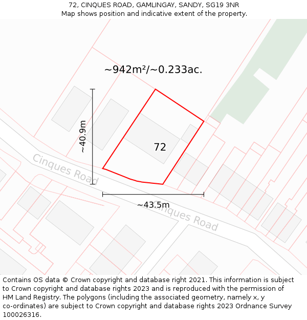 72, CINQUES ROAD, GAMLINGAY, SANDY, SG19 3NR: Plot and title map