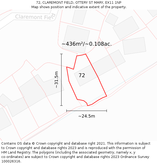72, CLAREMONT FIELD, OTTERY ST MARY, EX11 1NP: Plot and title map