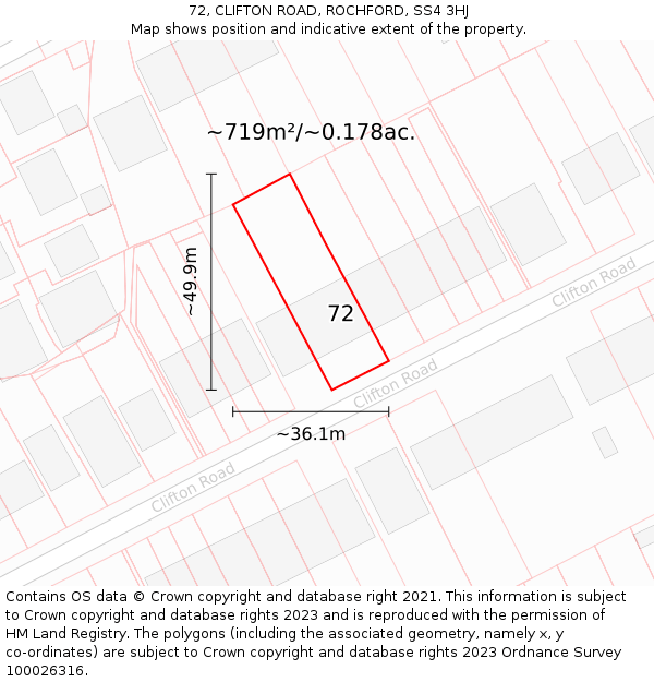 72, CLIFTON ROAD, ROCHFORD, SS4 3HJ: Plot and title map