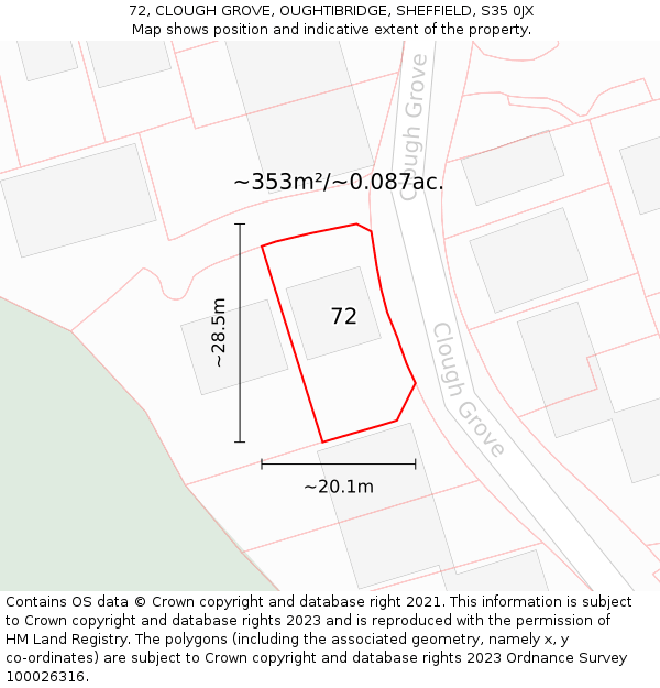 72, CLOUGH GROVE, OUGHTIBRIDGE, SHEFFIELD, S35 0JX: Plot and title map