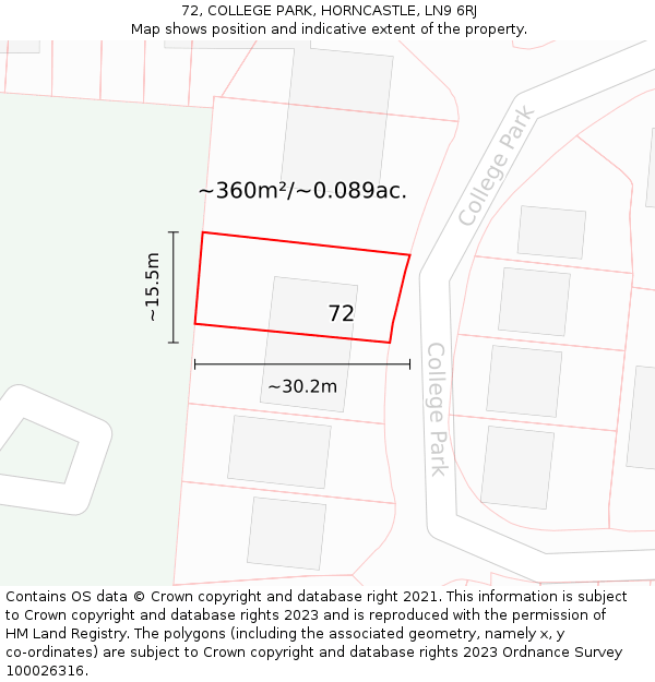 72, COLLEGE PARK, HORNCASTLE, LN9 6RJ: Plot and title map