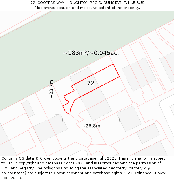 72, COOPERS WAY, HOUGHTON REGIS, DUNSTABLE, LU5 5US: Plot and title map