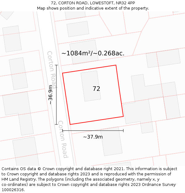 72, CORTON ROAD, LOWESTOFT, NR32 4PP: Plot and title map