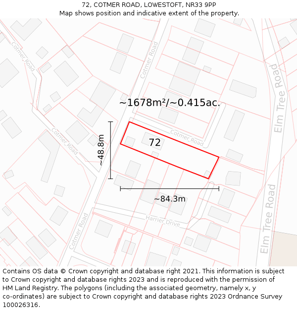 72, COTMER ROAD, LOWESTOFT, NR33 9PP: Plot and title map