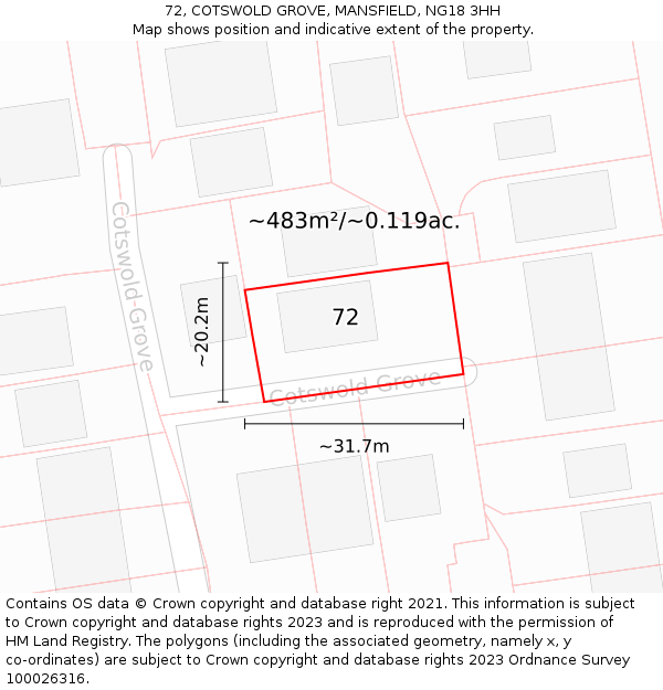 72, COTSWOLD GROVE, MANSFIELD, NG18 3HH: Plot and title map